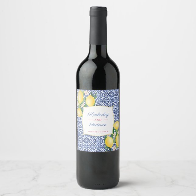 Étiquette Pour Bouteilles De Vin Capri Lemons Bleu Carreaux blancs Imprimer Déjeune (Devant)