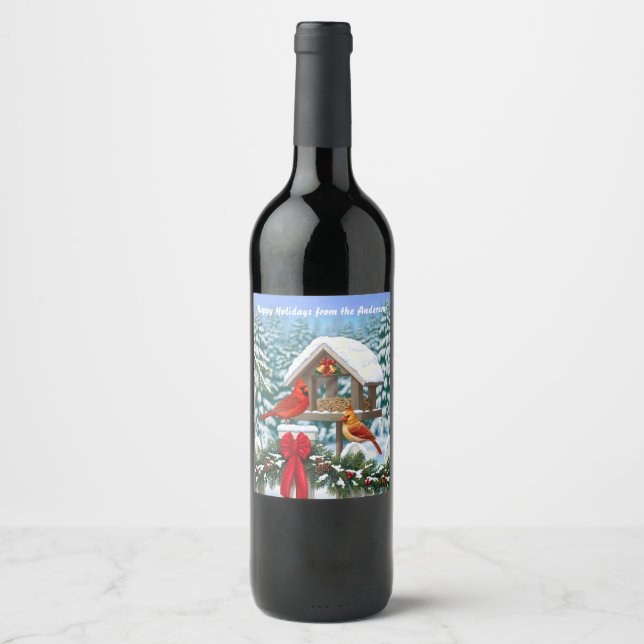 Étiquette Pour Bouteilles De Vin Cardinaux et nourriciers d'oiseaux de Noël (Devant)