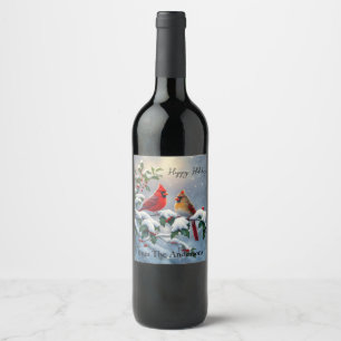 Étiquette Pour Bouteilles De Vin Cardinaux rouges et houx dans la neige