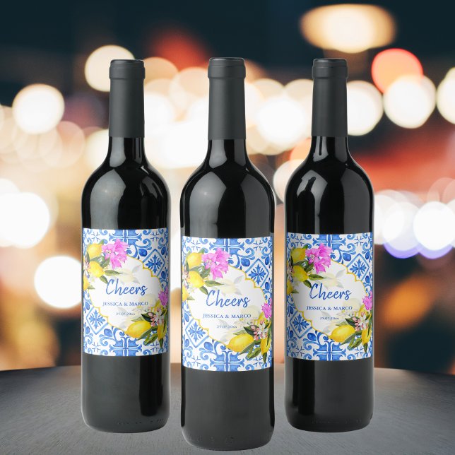 Étiquette Pour Bouteilles De Vin Carreaux bleus bougainville citron mariage personn (Créateur téléchargé)