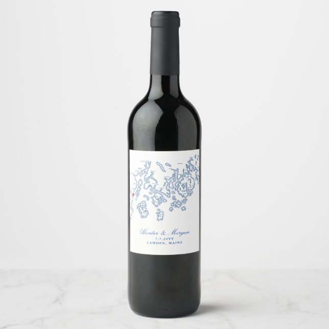 Étiquette Pour Bouteilles De Vin Carte Camden Maine Elégant Mariage bleu marine (Devant)