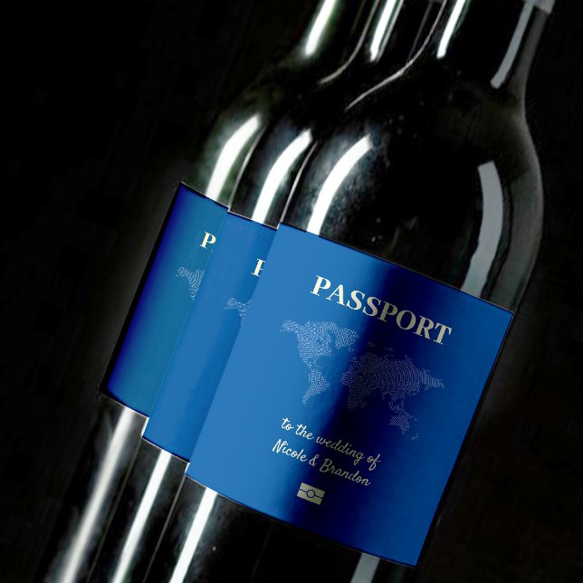 Étiquette Pour Bouteilles De Vin Carte du monde bleu Passeport Destination Mariage (Blue World Map Passport Destination Wedding Wine Label)