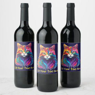 Étiquette Pour Bouteilles De Vin Cat Maine Portrait Coon Couleurs arc-en-ciel