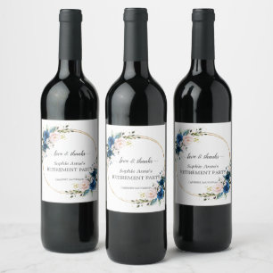 Étiquette Pour Bouteilles De Vin Célébration de la retraite Florale Rose Bleu