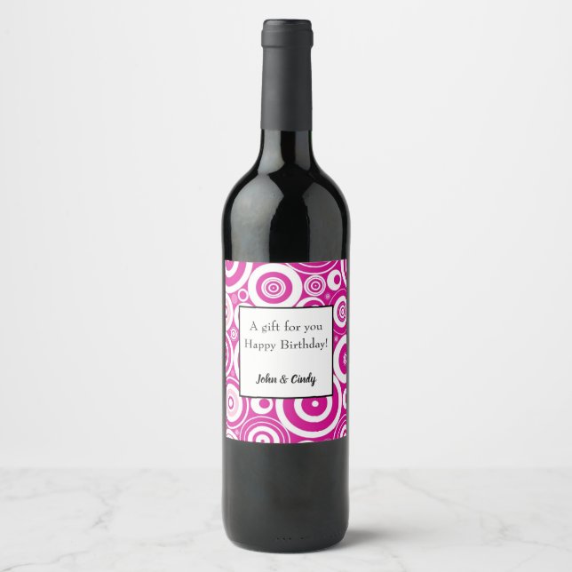 Étiquette Pour Bouteilles De Vin Cercles rétro concentrés rose et blanc (Devant)