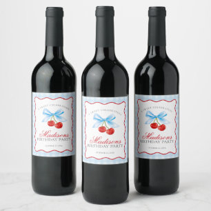 Étiquette Pour Bouteilles De Vin Cerise Sweet Bleu Coquette Bow En vichy Anniversai