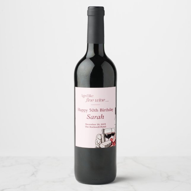 Étiquette Pour Bouteilles De Vin Charcuterie & Vin 50e Anniversaire Fête Blush (Devant)