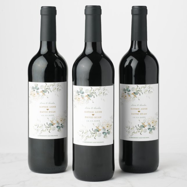 Étiquette Pour Bouteilles De Vin Charmant blanc Floral Feuille Mariage (Bouteilles)
