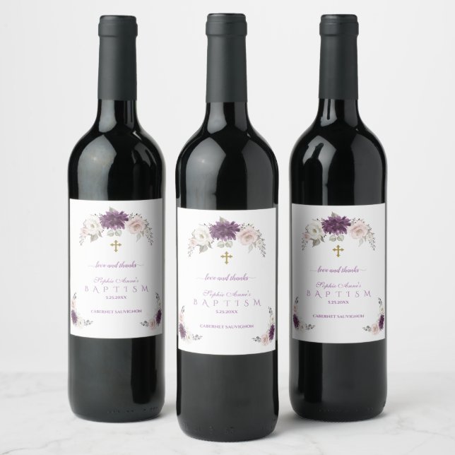 Étiquette Pour Bouteilles De Vin Charmante Lavande Bleu Blanc Floral Baptême (Bouteilles)