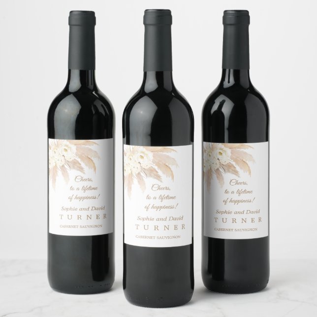 Étiquette Pour Bouteilles De Vin Charme Roses Blanches Pampas Mariage en herbe (Bouteilles)