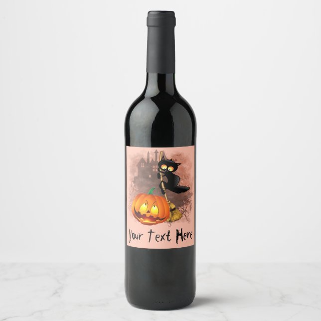 Étiquette Pour Bouteilles De Vin Chat effrayé par Citrouille Fun Halloween caractèr (Devant)