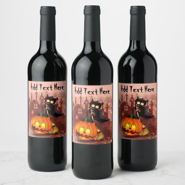 Étiquette Pour Bouteilles De Vin Chat effrayé par Citrouille Fun Halloween caractèr (Bouteilles)