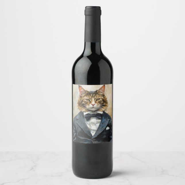 Étiquette Pour Bouteilles De Vin Chat en costume (Devant)