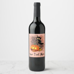 Étiquette Pour Bouteilles De Vin Chat Fun Halloween personnage effrayé par un Citr