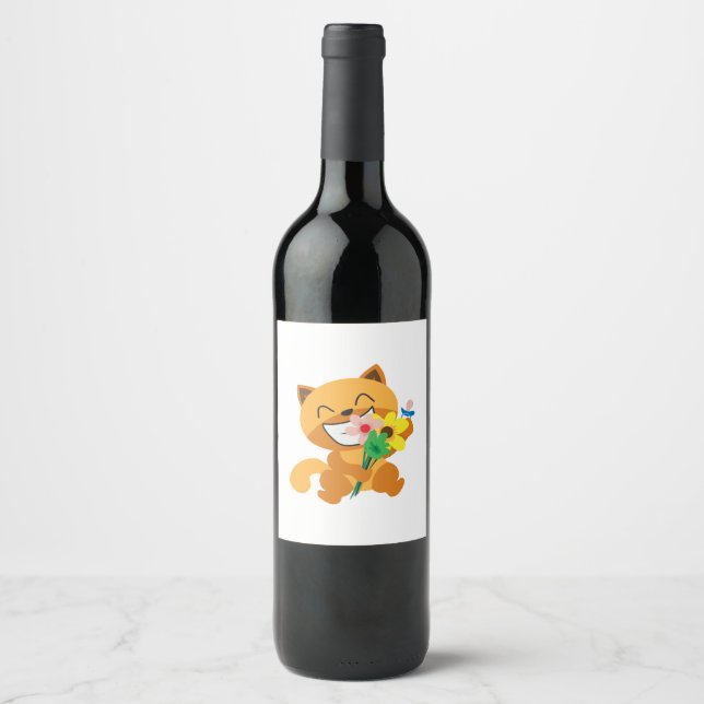 Étiquette Pour Bouteilles De Vin Chat Joyeux Chat Fleurs de Chat Drôle Idée cadeau (Devant)