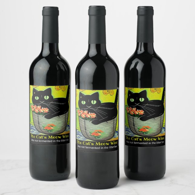 Étiquette Pour Bouteilles De Vin Chat noir en pot de fleurs (Bouteilles)