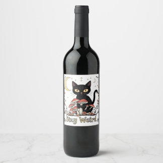 Étiquette Pour Bouteilles De Vin Chat noir fantaisiste encadré par des champignons