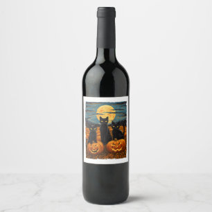 Étiquette Pour Bouteilles De Vin Chat noir Halloween Amoureux de les chats Starry N