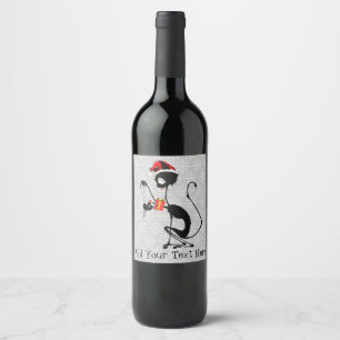 Étiquette Pour Bouteilles De Vin Chat Père Noël et souris avec cadeau de Noël