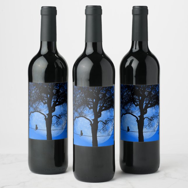 Étiquette Pour Bouteilles De Vin Chat sur une lune bleue fil (Bouteilles)