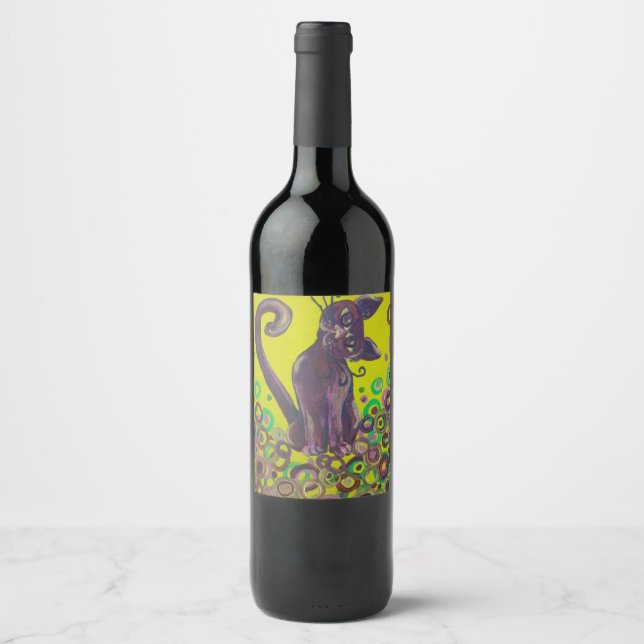 Étiquette Pour Bouteilles De Vin chat violet sur vin jaune étiquette (Devant)