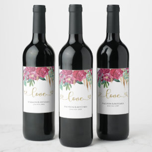 Étiquette Pour Bouteilles De Vin Chaud rose Magenta Floral Élégant Gold Script Coeu