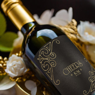 Étiquette Pour Bouteilles De Vin Cheers Mariage Gold Filigree fin ID871