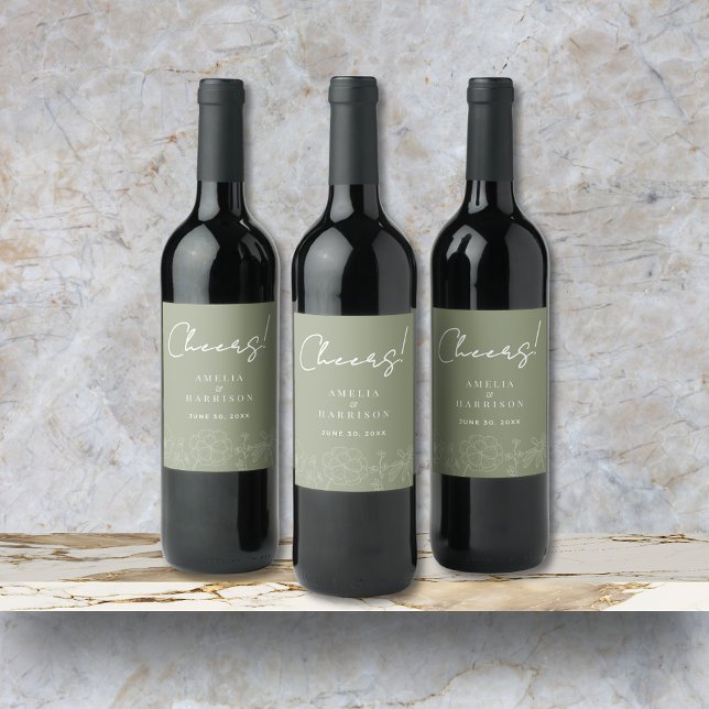 Étiquette Pour Bouteilles De Vin Cheers Sage Green Élégant Mariage Floral (Cheers Sage Green Elegant Floral Wedding Wine Bottle Label with Couple Names, Wedding Date.)