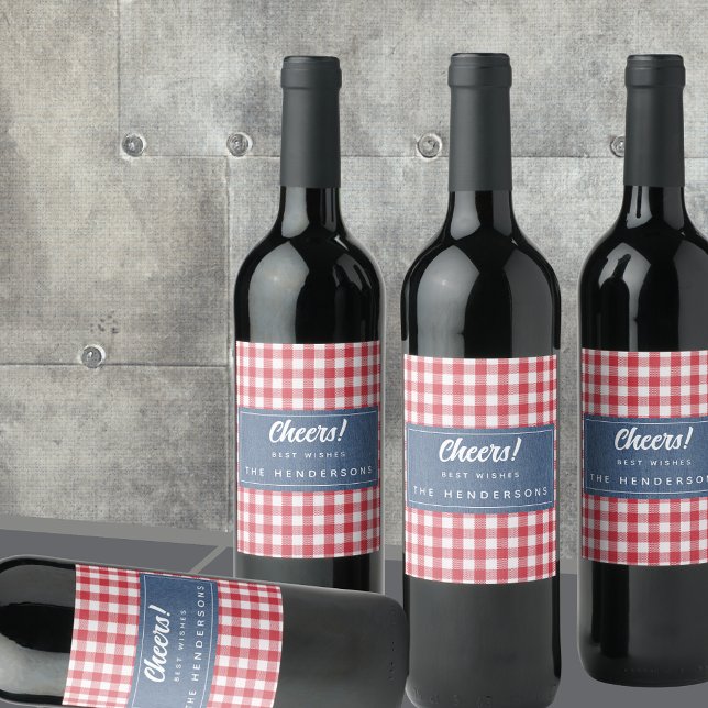 Étiquette Pour Bouteilles De Vin Chèque blanc rouge En vichy & Dénim bleu (Créateur téléchargé)