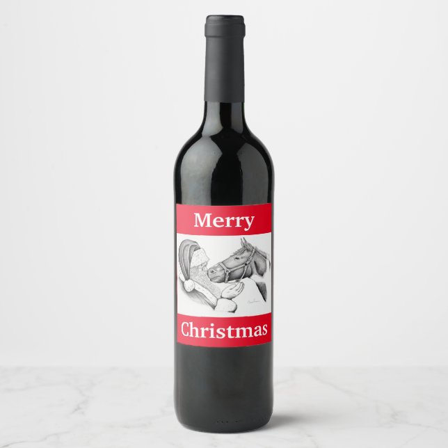 Étiquette Pour Bouteilles De Vin Cheval et Père Noël pour Noël (Devant)