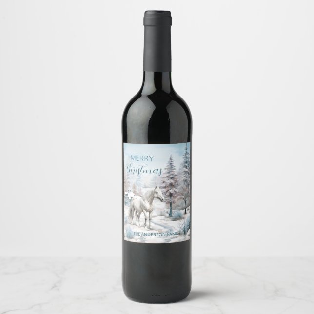 Étiquette Pour Bouteilles De Vin Cheval hiver scène neige forêt Noël (Devant)