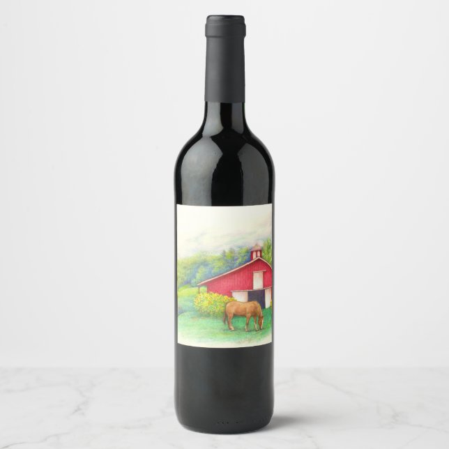 Étiquette Pour Bouteilles De Vin Cheval illustré Grange rouge et tournesol (Devant)