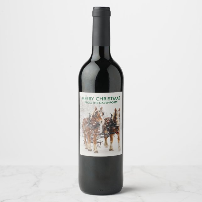 Étiquette Pour Bouteilles De Vin Cheval tiré Sleigh scène de Noël (Devant)