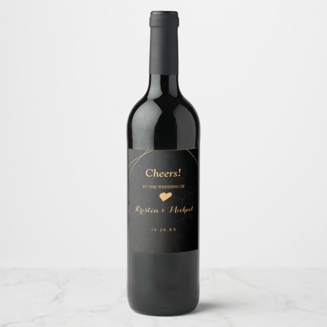 Étiquette Pour Bouteilles De Vin Chic Black & Gold Cadre géométrique Vin Mariage (Devant)
