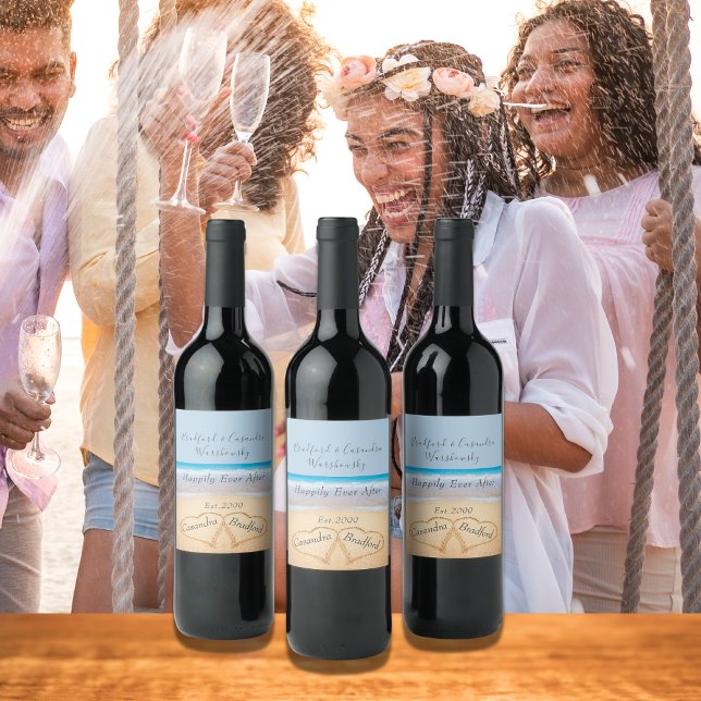 Étiquette Pour Bouteilles De Vin Chic Dusty Blue Beach Wedding 2 Heart Sand (Créateur téléchargé)