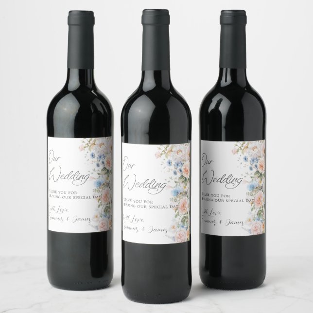 Étiquette Pour Bouteilles De Vin Chic Pastel Blush Blanc Bleu Mariage Floral (Bouteilles)