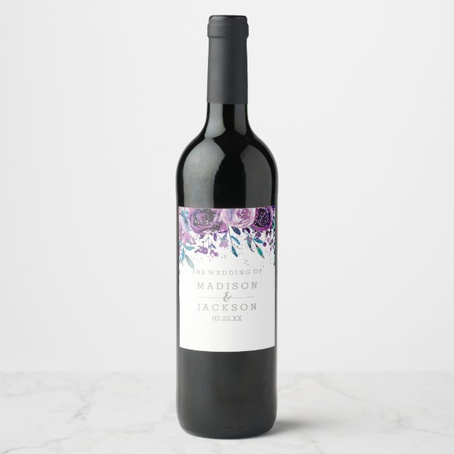 Étiquette Pour Bouteilles De Vin Chic violet floral et Mariage argenté (Devant)