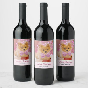Étiquette Pour Bouteilles De Vin Chien mignon avec cou rose Photographie de Noël