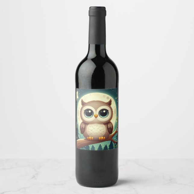 Étiquette Pour Bouteilles De Vin Chouette bébé la nuit avec lune (Devant)