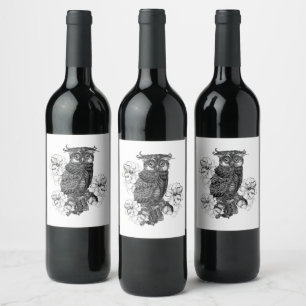 Étiquette Pour Bouteilles De Vin Chouette grise Orchidées blanches