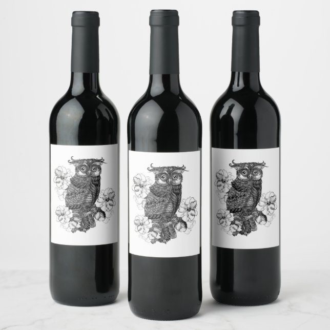 Étiquette Pour Bouteilles De Vin Chouette grise Orchidées blanches (Bouteilles)