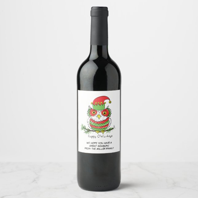Étiquette Pour Bouteilles De Vin Chouette Noël Mignonne Vacances amusantes (Devant)