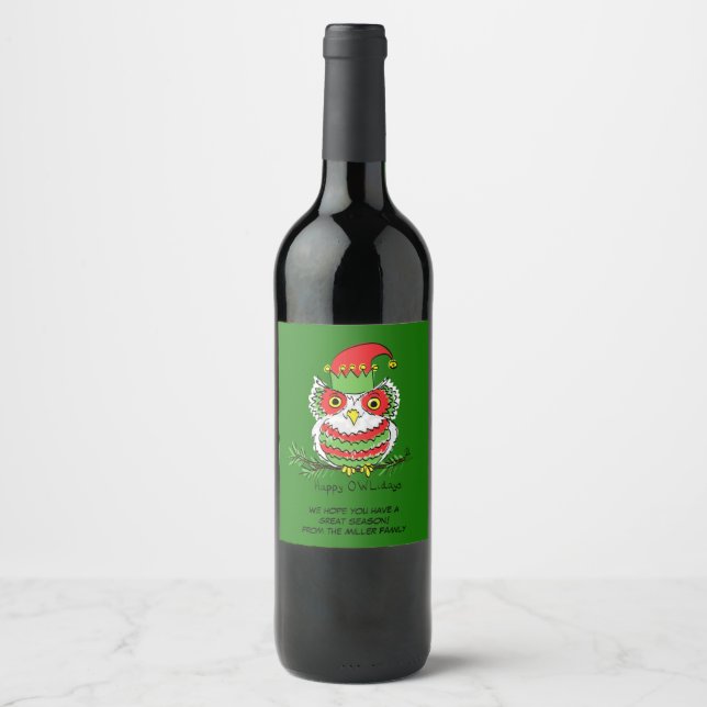 Étiquette Pour Bouteilles De Vin Chouette Noël Mignonne Vacances amusantes (Devant)