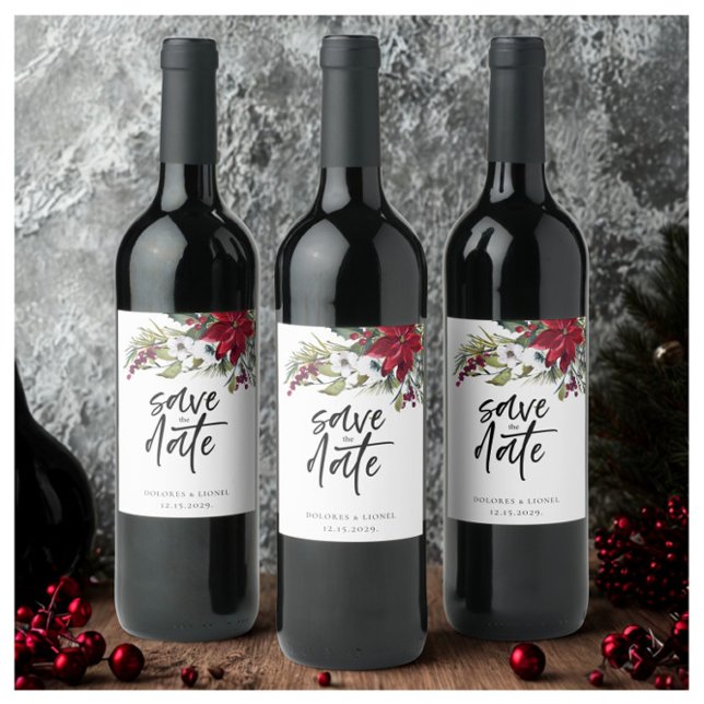 Étiquette Pour Bouteilles De Vin Christmas Poinsettia Script Enregistrer la date (Créateur téléchargé)