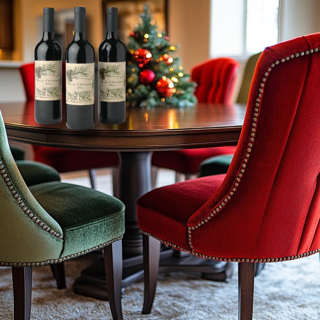 Étiquette Pour Bouteilles De Vin Christmas Snowflakes Pine Cones Pine Tree Branches (Créateur téléchargé)