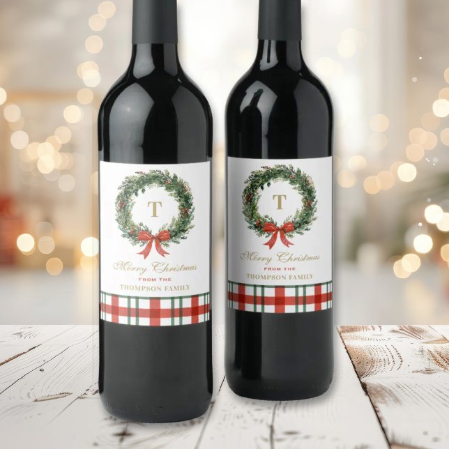 Étiquette Pour Bouteilles De Vin Christmas Wreath Monogram Plaid Family Name (Créateur téléchargé)