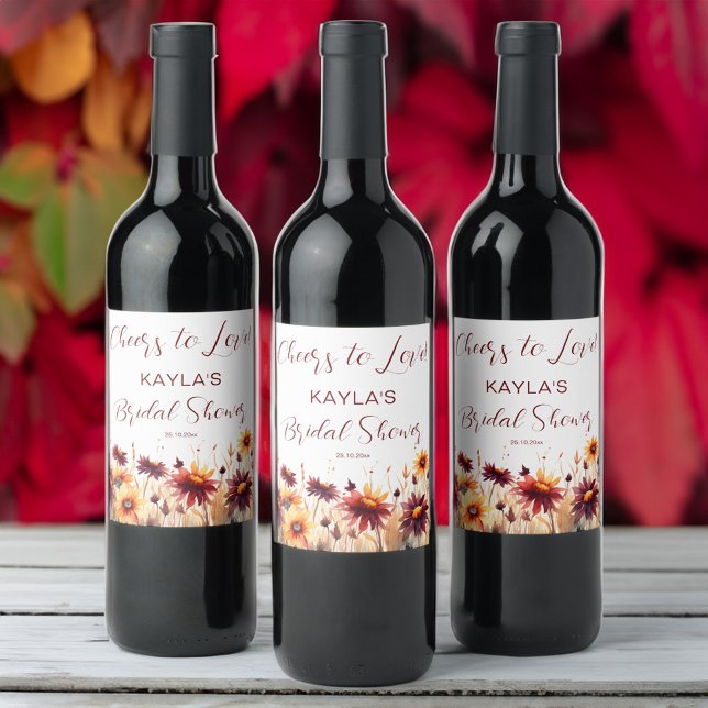 Étiquette Pour Bouteilles De Vin Chute d'amour burgundy dahlias nuptiale douche fav (Fall in love burgundy dahlias bridal shower favor wine label)
