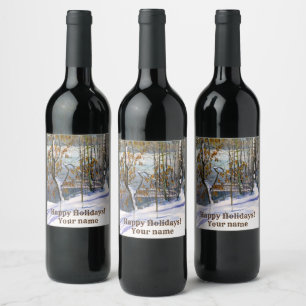 Étiquette Pour Bouteilles De Vin Chute de neige aquarelle peinture