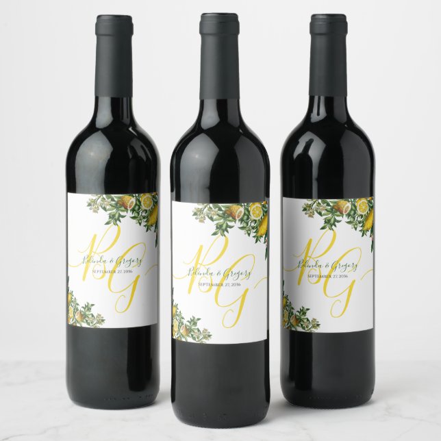 Étiquette Pour Bouteilles De Vin Citron jaune rustique et feuillage Mariage de verd (Bouteilles)