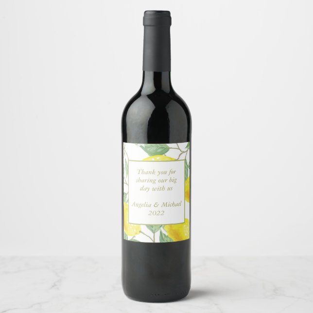 Étiquette Pour Bouteilles De Vin Citrons jaunes modernes Vert Feuille Mariage (Devant)